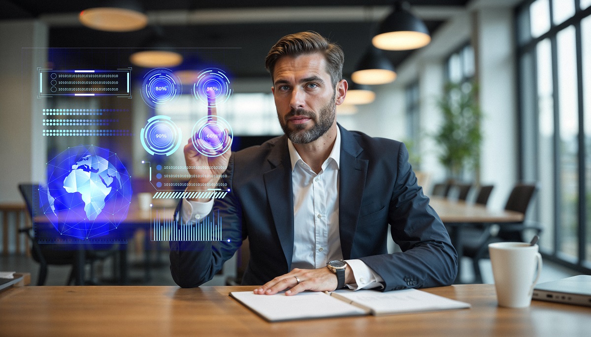 Empresário usando tecnologia futurista com interface digital